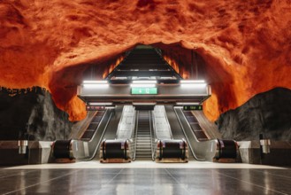 Stockholm, Sweden, August 9, 2019: Escalator of T-Centralen Stockholm underground metro station.