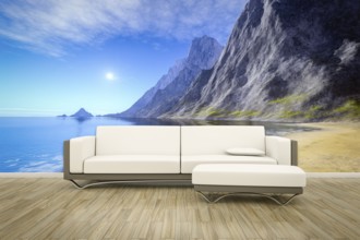 3D illustration of a sofa in front of a photo wall mural ocean