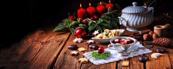 Weihnachtliche Rübensuppe Borscht mit kleinen Knödeln