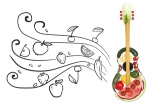 Creative photo of a standing guitar made of vegetables and fruits on a grey sketchy background of