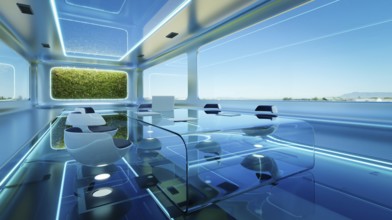 Modern futuristic interior office design with green wall plant. 3d rendering