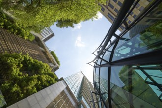 Niedriger Winkelschuss an modernen Glasgebäuden und grün mit klarem Himmel Hintergrund