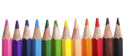 Rainbow color pencils in a row isolated on white