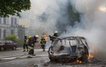 Fire brigade extinguishes burning cars on the Elbchaussee in Hamburg after the riots at the G20