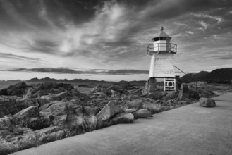 Old lighthouse in Laukvik at sunset, Lofoten, Nordland, Norway, Europe