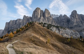 Beautiful mountain landscape of rocky Dolomites at Passo Gardena area in South Tyrol in Italy