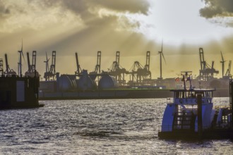 Amazing landscape, An engineering ship (tugboat) and docks in Hamburg, yellow sunset. October in