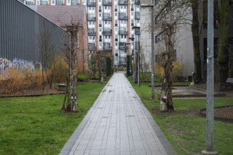 Leuven, Flemish Brabant Region, Belgium, April 1, 2023, Garden and inner court of a social housing