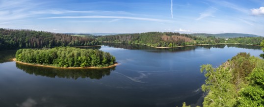 Lake and island with trees. Water reservoir Sec, Czech Republic, Europe