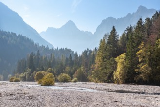 Scenic autumn forest at Crystal Lake in the Julian Alps, Slovenia, Europe