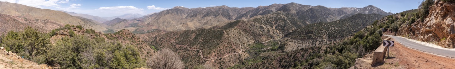 Scenic mountain landscape at northern Tizi n'Test pass in the Atlas mountains, the road meanders