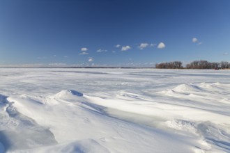 Nature, frozen riverscape with snow drifts, Province of Quebec, Canada, North America