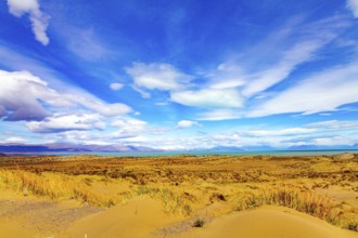 Argentine Patagonia. The endless flat prairie is overgrown with yellow autumn grass. Lake in the
