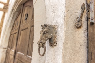 Old rusty horse's head with a ring for tying horses in a backyard. Colmar, Haut-Rhin, Collectivite