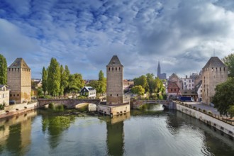 Panorama of medieval bridge Ponts Couverts from the Barrage Vauban in Strasbourg, France, Europe