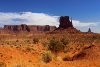 Iconic peaks of rock formations in the Navajo Park of Monument Valley in Utah