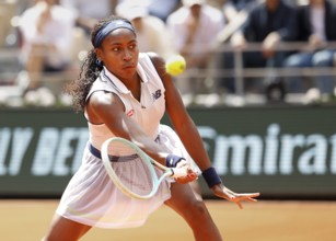 American tennis player Coco Gauff in action at the French Open 2024, Roland Garros, Paris, France.