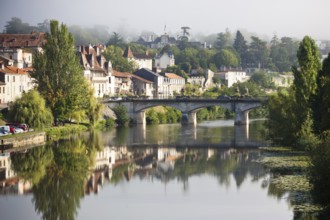 Picturesque view of Perigord town in France. Landscape with the river Vezere