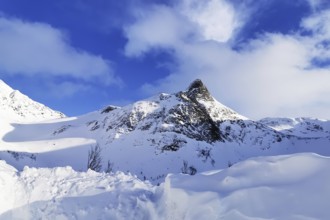 Beautiful winter landscape scene, sunset or sunrise in mountains and fjords