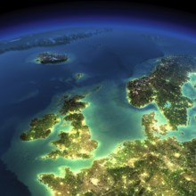 Highly detailed Earth, illuminated by moonlight. The glow of cities sheds light on the detailed