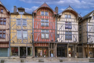 Street with historical half-timbered houses in Troyes city center, France, Europe