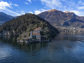 Aerial view of Villa Balbianello peninsula on Lake Como