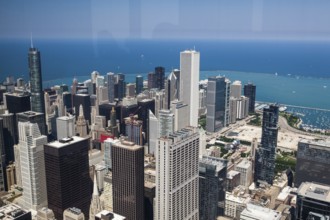 Chicago skyline panorama aerial view with skyscrapers over Michigan Lake