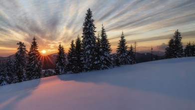 Wonderful sunset with snow and beautiful clouds in Slovakia