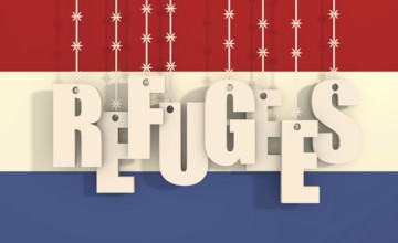 Image relative to migration from africa to european union. Refugees text hanging by barbed wire.