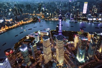 Pearl Tower, Bund, Waitan, Huangpu River, seen from Shanghai Tower, sunset, Shanghai, People's