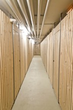 Aisle in a cellar with wooden storage units