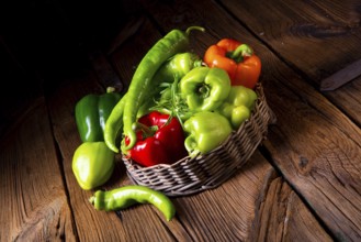 Verschiedene geernte paprika und scharfe paprika im korb