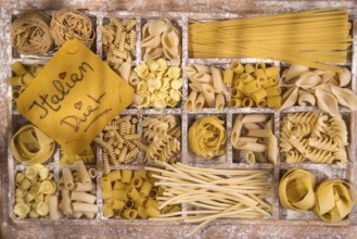Presentation of varieties of Italian pasta made with white flour