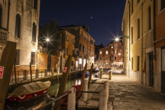 Canal in the historic centre of Venice, Fondamenta Venier dai Leon, night shot, Venice, Italy,