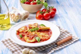 Delicious pasta - ravioli in tomato sauce with basil