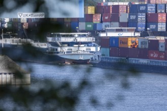 Ships with containers in Duisburg harbour, Rhine, Duisburg, North Rhine-Westphalia, Germany, Europe
