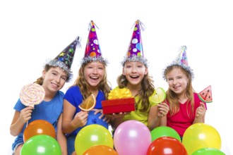 Happy kid girls birthday party balloons sweet candy and gift box on white background