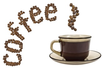 Brown cup of coffee, steam, and the word of the grains isolated on a white background