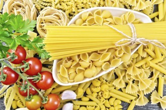 Pasta seashells and spaghetti in bowl, pipe rigate, tagliatelle, fusilli, penne, farfalle,
