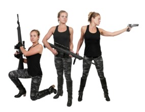 Beautiful young woman soldier with a pistol and rifle