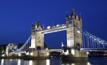 Tower Bridge illuminated during the blue hour, London, England London, England