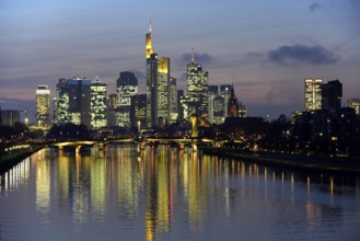 Evening mood, skyline of the banking district, Frankfurt am Main, Hesse, Germany, Europe