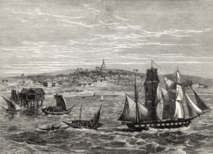 Historical view of Yangon also known as Rangoon, Myanmar, early 19th century, From British Battles