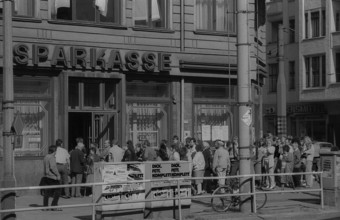 GDR, Berlin, 25 May 1990, queuing for applications for monetary union, savings bank in