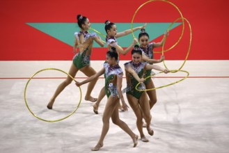 Sofia, Bulgaria - 16 September, 2022: Members of team Korea in action with 5 hoops during the 39th