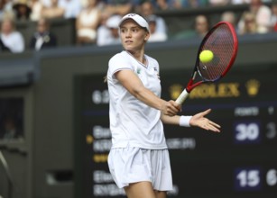 Kazakh tennis player Elena Rybakina in action at the 2024 Wimbledon Championships, London, England,