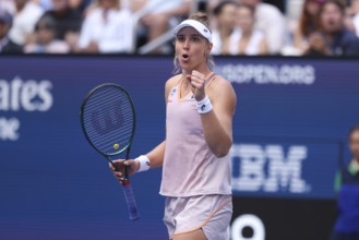 Tennis player Beatriz Haddad Maia of Brazil celebrates at the US Open 2024 Championships, Billie