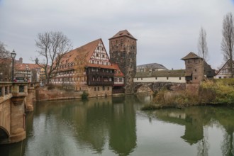 Maxbrücke and Henkerbrücke over the Pegnitz, Weinstadel and water tower, Nuremberg, Middle