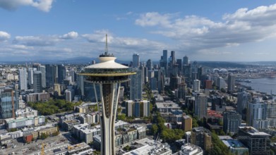 Aerial View of the Seattle Space Needle in the Lower Queen Anne neighborhood