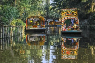 Mexico City, Mexico. Jan 11, 2024. A couple of Trajinera a gondola style boats, or colourful rafts